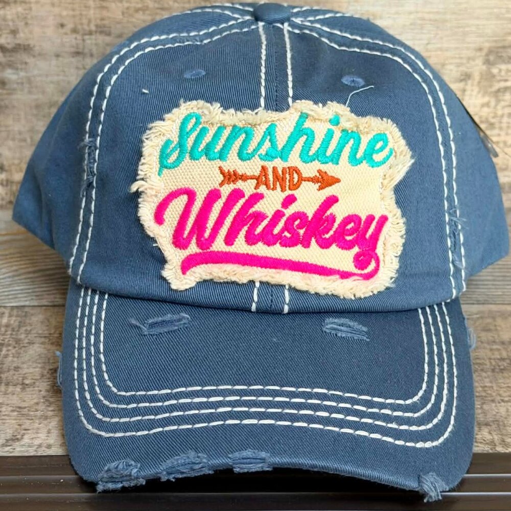 NWT KBETHOS Distress Denim Sunshine and Whiskey Baseball Cap adjustable closure